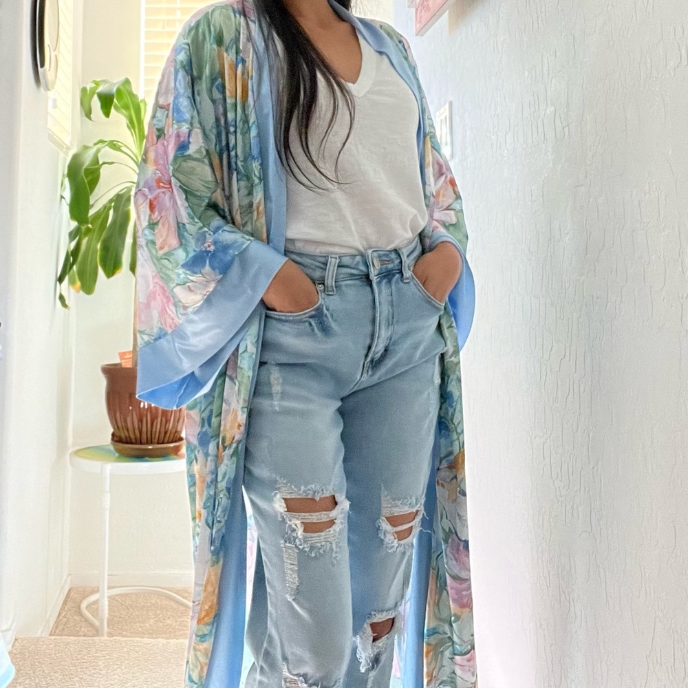 Vintage Kimono Duster Robe Floral Satin Trim Size Medium